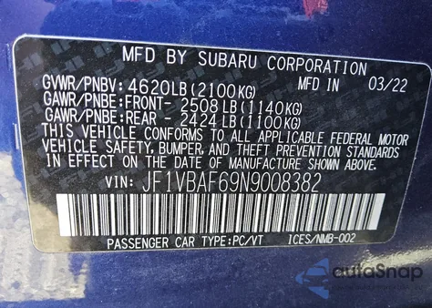 2022 Subaru Wrx Premium from USA, damaged, VIN JF1VBAF69N9008382